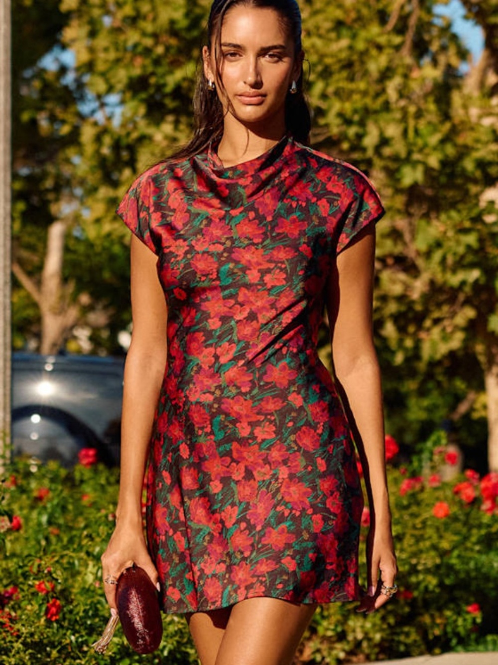 Lulus Ariya Red Multi Floral Satin Mock Neck Mini Dress - Size L